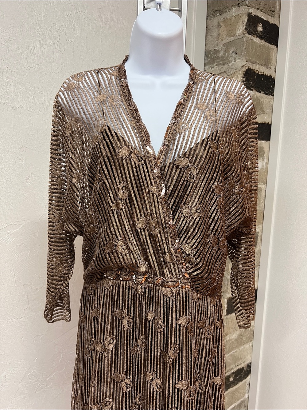 Klausz Shimmering Brown Mesh Lace Lined Maxi Dress with Bronze Accents Size M
